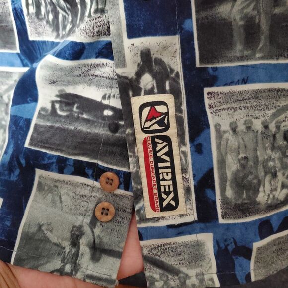 Avirex USA Naval Hawaiian Shirt Mens 2XL Blue Military Postcard AOP VTG 90s Y2K - Picture 4 of 13